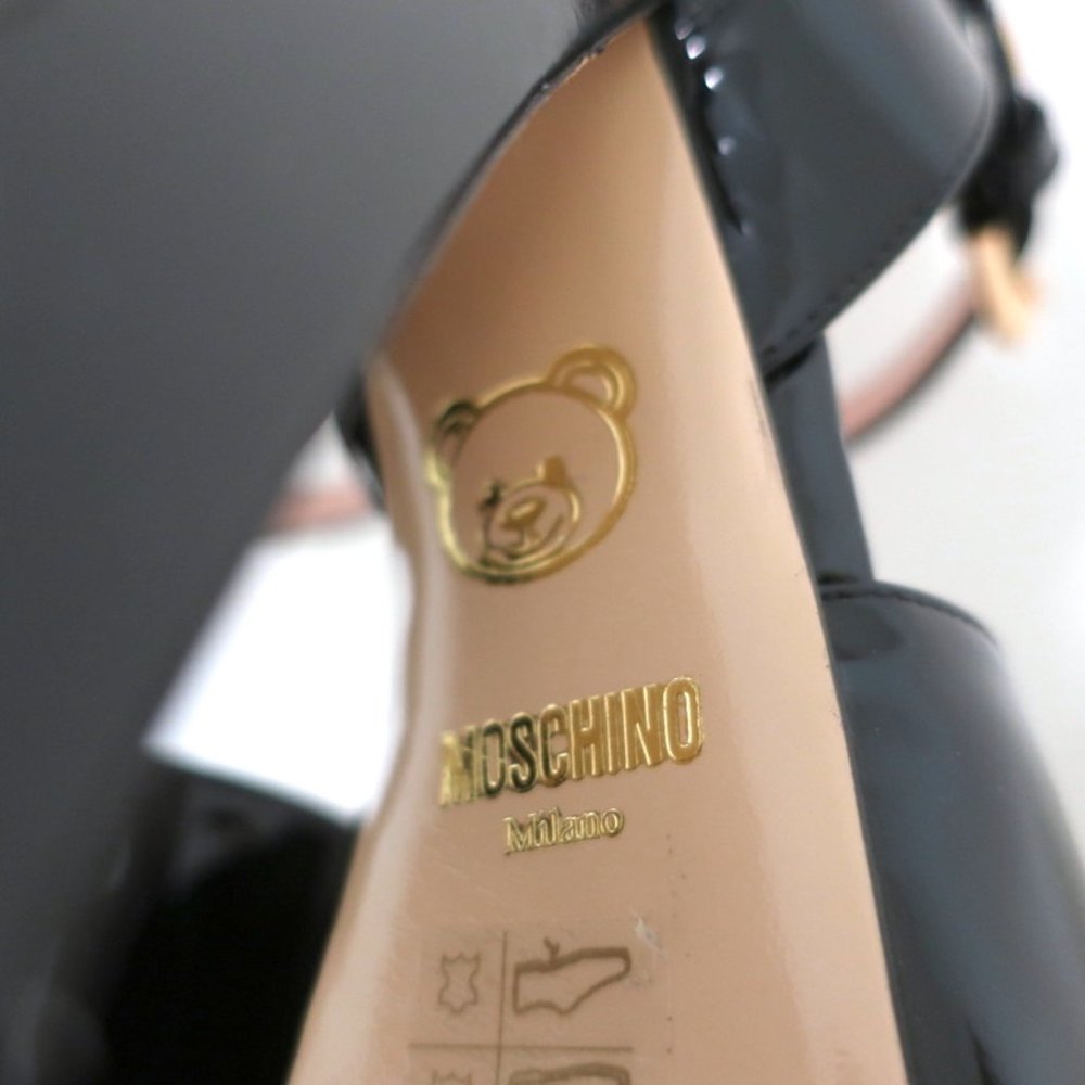 MOSCHINO PLATFORM FLARE-HEEL SANDALS BLACK PATENT LEATHER SIZE 38.5 - Picture 11 of 11